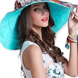 Colorful Blue Wide Brim Reversible Packable Summer Sun Hat NEW